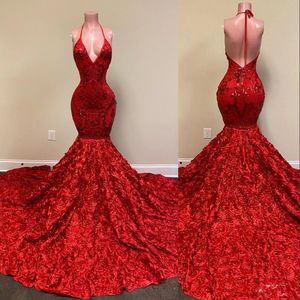 2022 Sexy rojo oscuro Vestidos de baile Halter Lentejuelas Encaje Sirena 3D Flores florales Espalda abierta Lentejuelas con cuello en V profundo Vestido de noche formal Vestidos de dama de honor