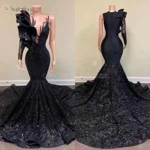 2022 Sexy longues robes de soirée élégantes sirène style unique à manches longues noir paillettes applique fille africaine Gala robe de soirée de bal BC11113