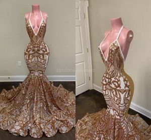 2022 Sexy Long Mermaid Evening Pageant Robes Halter Sans manches Gold Sequin Africain Black Girls Backless Prom Party Gowns Vestido Longo Dourado