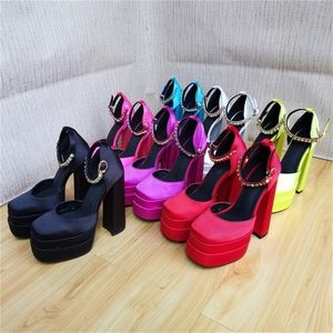 2022, zapatos de tacón sexis para mujer, zapatos de mujer con plataforma de tacón alto grueso de seda de cuero genuino, negro, rojo, amarillo, rosa, morado, 220226