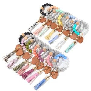 2022 spot Saint Valentin amour puce bois perle bracelet porte-clés anneau en silicone Programme de franges en cuir agir le rôle est goûté cadeau bohème