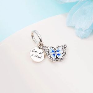 2022 Spring Silver Beads Blue Butterfly Quote Double Dangle Charm Fit Pandora Charms Pulseras DIY Jewlery Making Loose Bead Jewelry pulsera al por mayor 790757C01
