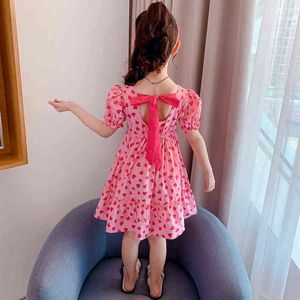 2022 Summer Girls Dress Fashion Backless Lace-Up Design Girls Dress Kids Strawberry Red Princess Floral Dress G220518