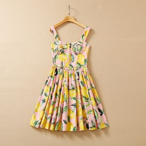 2022 verano tirantes finos cuello cuadrado rosa Floral limón estampado paneles hasta la rodilla vestido elegante vestidos casuales 22Q151632