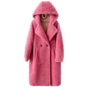 2022 hiver nouvelle mode granule mouton cisaillement manteau femmes coréen à capuche mi-longueur fourrure veste femme poche lâche pardessus G1721 T220810