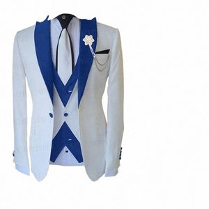 2023 3 piezas Trajes de boda del novio para hombres Blazer Conjuntos Fi Diseños Blanco Busin Chaqueta Chaleco Royal Blue Pants Dr Tuxedo u5KF #