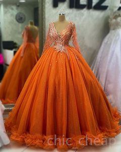 2023 Avril Aso Ebi Orange Cristaux Quinceanera Robes Perlées Tulle Robe De Bal De Soirée De Bal Pageant Robes D'anniversaire Robe ZJ022