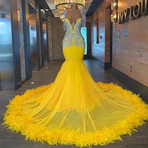 2023 Aso Ebi plumas sirena vestidos de fiesta cristales brillantes borla con cuentas de lujo africano nigeriano fiesta formal vestidos de noche mujeres amarillo segundo vestido de recepción