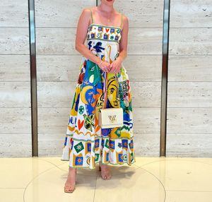 Robe longue fantaisie de styliste australien pour femmes, motif abstrait, taille froncée, sans manches, 2023