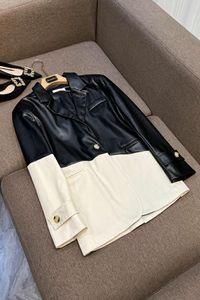Otoño 2023, chaquetas con paneles de PU de Color negro marfil con contraste, botones de solapa con muescas de manga larga, prendas de vestir de un solo pecho, abrigos B3G317480