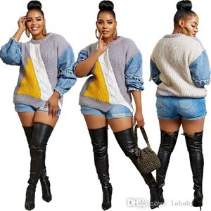 2023 Automne Nouveau Denim Tricot Patchwork Pull Femmes Mode Couleur Blocage Jeans O-cou À Manches Longues Pull T-shirts Hauts Pour Dames Grande Taille S-3XL