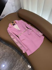 2023 otoño rosa Color sólido arco con cuentas Blazer vestido de manga larga con muescas solapa cinturón vestidos cortos casuales O3G142658