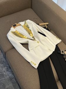 2023 Autumn White Solid Color Beaded Blazers Long Sleeve Notched-Lapel Sequins Single-Breasted Outwear Coats O3G302689