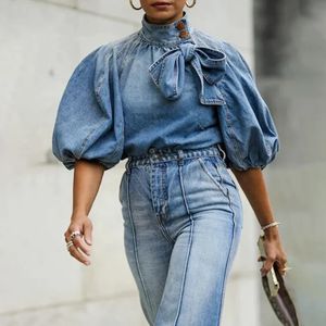 2023 Automne Winter Blue Denim Top Bubble Sleeve Button Laceup Vêtements Fashion Casual Elegant Bow Celt Courtette pour Street 231227