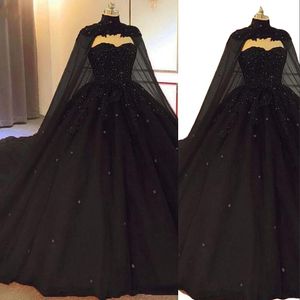 2023 robe de bal noire robes de mariée gothiques avec cap chérie cristal perlé tulle princesse une ligne robes de mariée non blanc plus la taille corset dos mariage