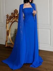 2023 Bleu Arabe Dubaï Femmes Soirée Formelle Robes Cap Manches Plis En Mousseline De Soie Longue De Bal Pageant Robes Celebrity Style Robe De Soirée