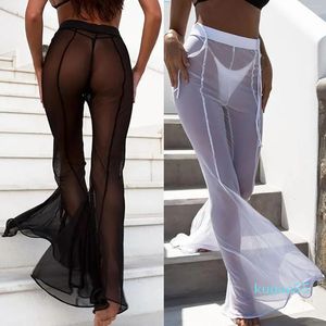 2023-Bras Sets Plus Size Beach Women Mesh Long Pant See Through Boho Slim Leggings Pantalon Sheer Party Cocktail Bell Bottomed Pants