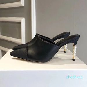 2023-Designer Heels Slingback Dress Shoes Pearl Heel Womens Lambskin Leather High Mule Sandals Slippers for Party Wedding