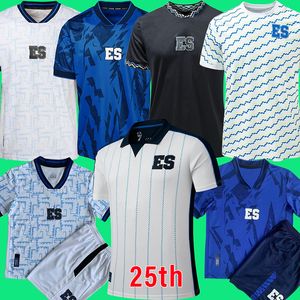 2024 El Salvador Copa de Oro Jerseys de fútbol 25 años Hogar Azul Visitante Blanco Equipo nacional Camiseta de fútbol Manga corta Uniforme de fútbol personalizado Kit para niños 25 aniversario
