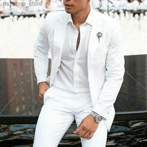 Tuxedos de marié en lin blanc, costumes pour mariage, 2 pièces, blazer pour Homme, veste + pantalon Slim Fit, à la mode, été, 2023, Q230828