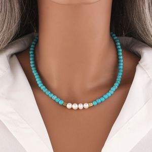 2023 Collier de perles d'eau douce naturelles faites à la main et de perles turquoise à facettes pour la fête des mères, brin de perles rondes, ras du cou bohème, cadeau de bijoux