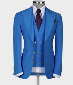 2023 New Blue Wedding Tuxedos Groom Wear Trajes para hombre Slim Fit Peaked Lapel Prom BestMan Groomsmen Blazer Designs Conjunto de 3 piezas Chaqueta Chaleco y pantalones por encargo