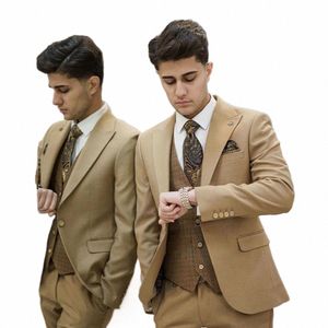 2023 Fi mariage clair Tan pic revers costumes pour hommes Busin décontracté formel Costume Homme Slim Fit 3 pièces ensemble veste pantalon b254 #