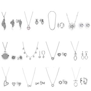2023 Nuevo conjunto de anillo de oreja de collar original de Pandora de plata de ley 925 popular, equipado con regalos de joyería de mujer tallada para entrega gratuita