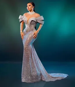 2023 Oct Aso Ebi Árabe Plata Sirena Vestido de fiesta Cristales con cuentas Noche Fiesta formal Segunda recepción Cumpleaños Vestidos de compromiso Vestidos Robe De Soiree ZJ314