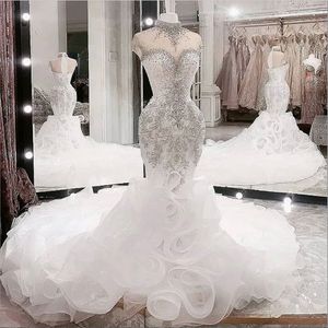 2023 talla grande árabe aso ebi cristales de cuentas de lujo vestidos de novia de cuello alto vestidos de novia de cuello transparente vestidos de boda