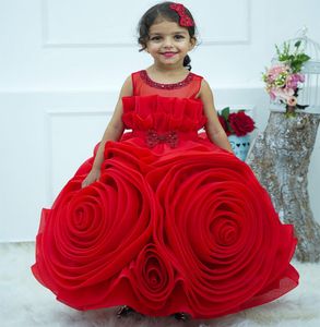 2023 Vestidos de niña de flores de encaje rojo Vestido de fiesta Niveles de organza Vintage Niña Navidad Peageant Cumpleaños Bautizo Vestido de tutú Vestidos ZJ423