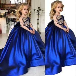 2023 Royal Blue Vestidos para niñas de flores Satén Mangas largas Encaje Cuentas de cristal Vestidos para niñas Vestidos para adolescentes Ropa para niños Fiesta de cumpleaños Vestido de comunión con lazo