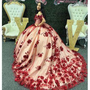 2023 robes de Quinceanera sexy hors de l'épaule rouge foncé bordeaux robe de bal en tulle 3D fleurs florales chapelle train perles de cristal corset dos pour Sweet 15 Girls Party Wear