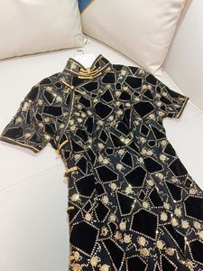 2023 été noir or paillettes Cheongsam robe contraste couleur manches courtes col montant boutons Midi robes décontractées J3L127516