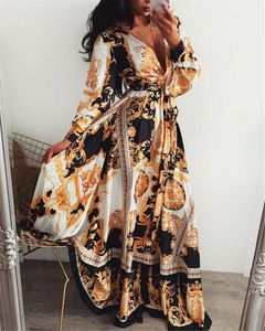 2023 Vestidos casuales de verano para mujer Boho Wrap Lond Dress Estampado con cuello en V Manga larga Holiday Maxi Loose Sundress Floral Elegante Vestidos Cóctel