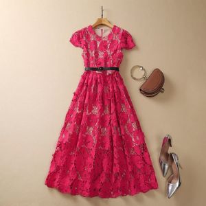 2023 Summer Hot Pink Floral Lace Paneled Dress manga corta cuello redondo con cinturón Midi vestidos casuales A3A101512