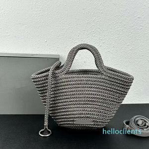 2023 femmes Ibiza petit panier été plage sacs cordon deux haut ouvert fermeture poignée voyage fourre-tout vieilli argent matériel anneau plage fourre-tout nylon tricot sacs à main longue épaule