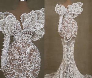 2024 Arabe Aso Ebi Sirène en dentelle robe de mariée perles manches longues voir à travers des robes de mariée luxueuses Robes ZJ0445