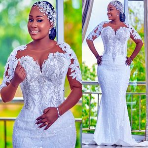 2024 arabe Aso Ebi grande taille robe de mariée sirène blanche perles cristaux paillettes dentelle robes de mariée robes ZJ243