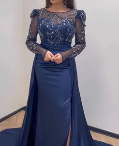 2024 Aso Ebi arabe sirène bleu marine mère de la mariée robes satin dentelle perlée soirée bal formelle fête anniversaire célébrité mère de marié robes robe ZJ043