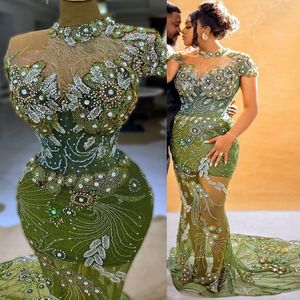 2024 Aso Ebi vert sirène robe de bal cristaux paillettes dentelle soirée formelle fête deuxième réception 50e anniversaire robes de fiançailles robes robe de soirée ZJ176