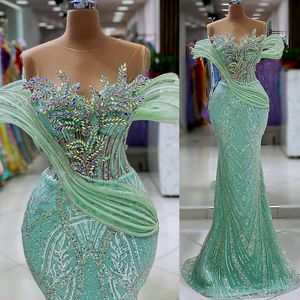 2024 Aso Ebi Mint Sirène Prom Dress Crystals Crystals Paille-soirée Pête formelle Deuxième réception Robes de fiançailles d'anniversaire Robe de Soiree ZJ78
