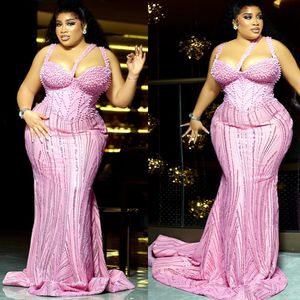 2024 Aso Ebi Pink Mermaid Vestido de fiesta con lentejuelas y cuentas Noche Fiesta formal Segunda recepción 50.o Cumpleaños Vestidos de compromiso Vestidos Robe De Soiree ZJ165