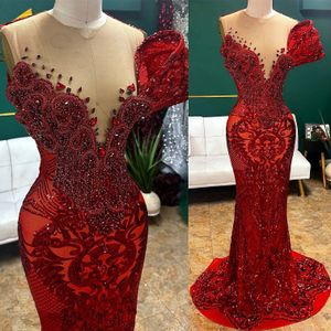 2024 Aso Ebi Rouge Sirène Robe De Bal Cristaux De Perles Voir À Travers La Soirée Formelle Deuxième Réception Anniversaire Robes De Fiançailles Robes Robe De Soirée ZJ27