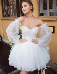 2024 Meilleure vente robe de mariée chérie courte mini été plage robes de mariée dentelle fête tulle avec manches bouffantes amovibles robes de novia