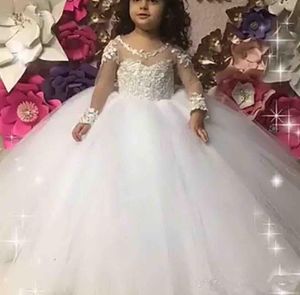 2024 Bling Lindo Vestidos de niña de flores para bodas Joya Ilusión Ilusión Apliques Beads Mangas largas Vestidos de pelota Tulle Tul Girls Dress