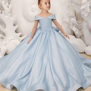2024 vestido de niña de flores azul elegante vestido de fiesta de satén de princesa para niños vestido de fiesta de cumpleaños vestido de primera comunión con lazo Simple