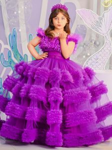 2024 Bouche à balle mignonne robes de fille de fleur princesse Princess Luxury Plume Ruffles combinée colorée de concours de bébé floral