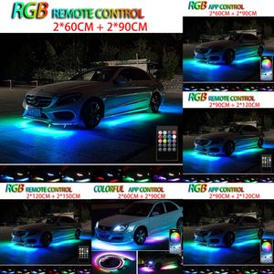 2024 Lumières décoratives Bande lumineuse de voiture Contrôle par application Couleur fluide RVB Ambiance musicale Auto LED sous 120 150 Tube Underglow Système de soubassement Lampes au néon