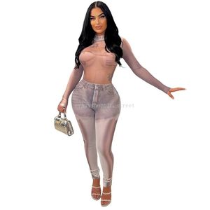 2024 Designer Sexy Mesh Combinaisons Femmes Printemps Moulante Barboteuses À Manches Longues Impression Voir À Travers Leggings Night Club Wear Vêtements En Gros